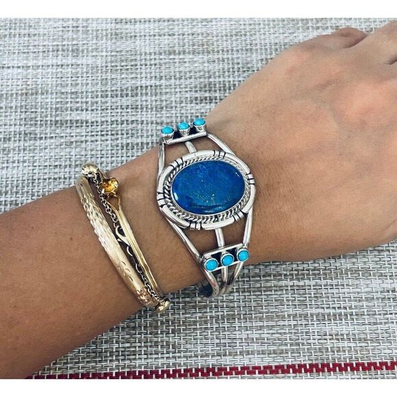 Stunnning Silver Lapis Lazuli & Turquoise Cuff - Picture 7 of 9